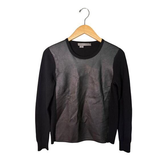 360 Cashmere Wool Leather Front Sweater Women’s Size XS Black Crewneck Pullover - Picture 1 of 7